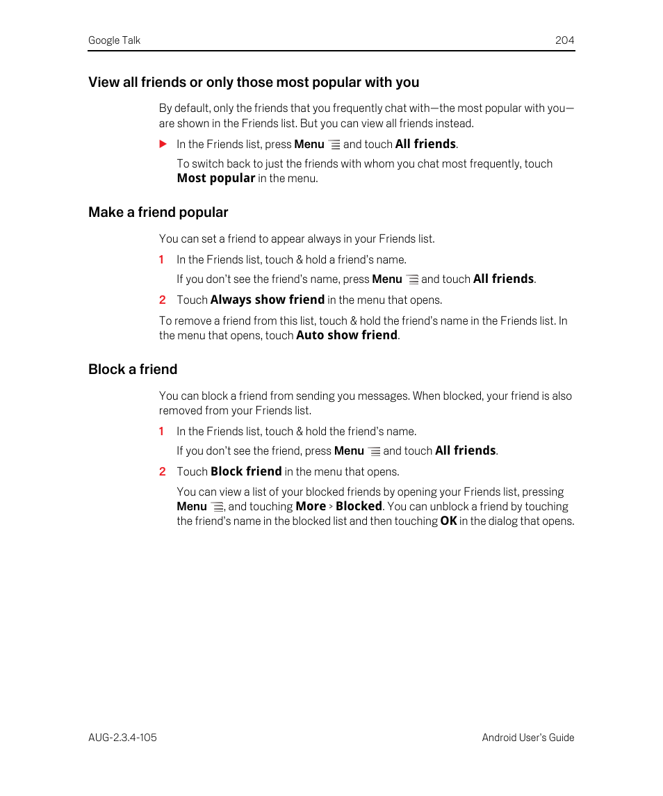 Make a friend popular, Block a friend | Google ANDROID 2.3.4 User Manual | Page 204 / 384