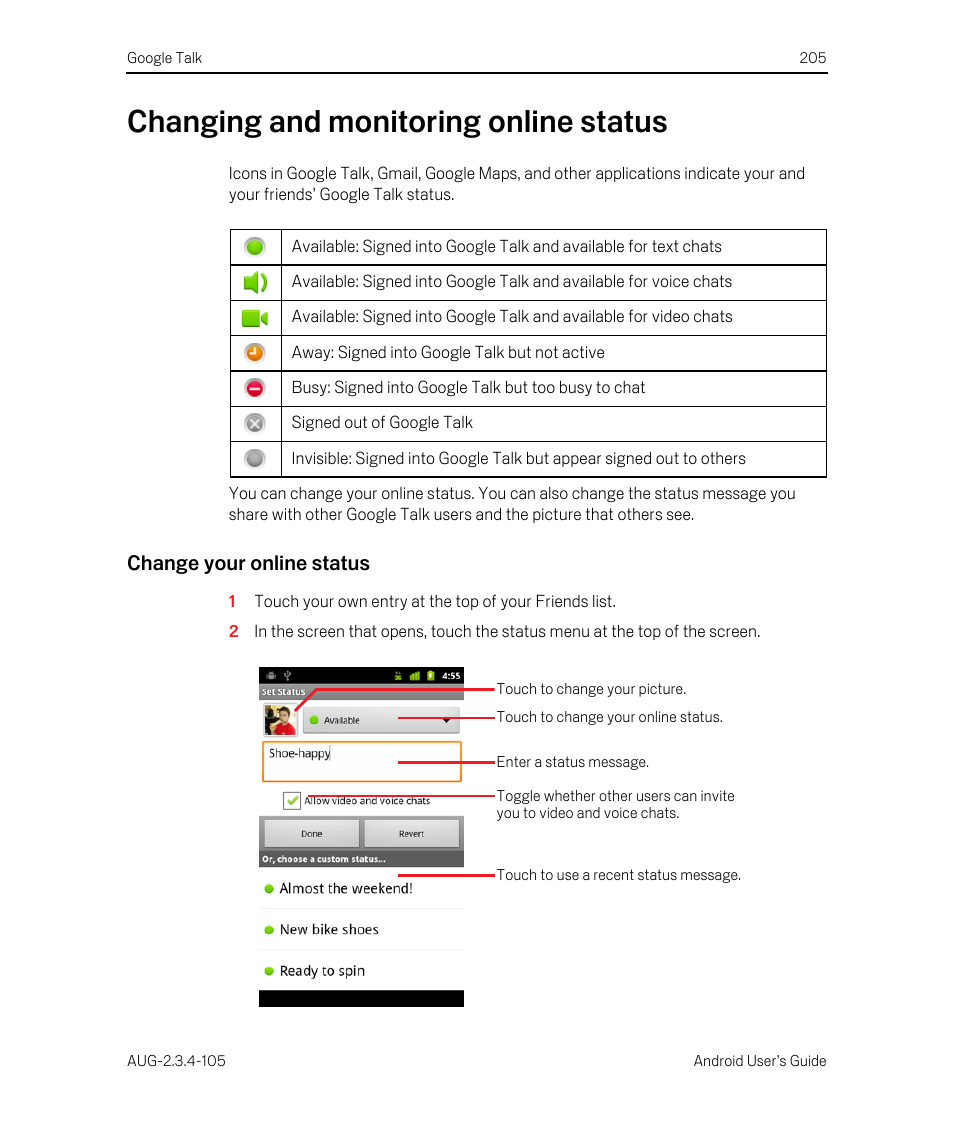 Changing and monitoring online status, Change your online status, Changing and monitoring online status 205 | Google ANDROID 2.3.4 User Manual | Page 205 / 384