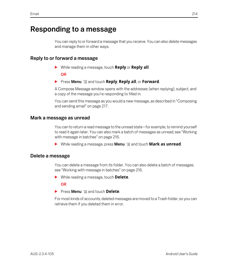 Responding to a message, Reply to or forward a message, Mark a message as unread | Delete a message, Responding to a message 214 | Google ANDROID 2.3.4 User Manual | Page 214 / 384