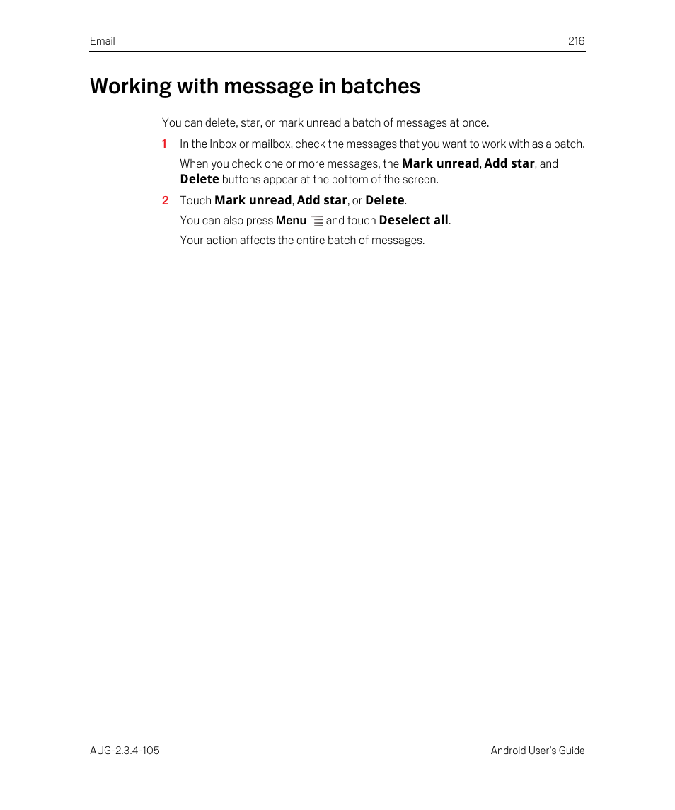 Working with message in batches, Working with message in batches 216 | Google ANDROID 2.3.4 User Manual | Page 216 / 384