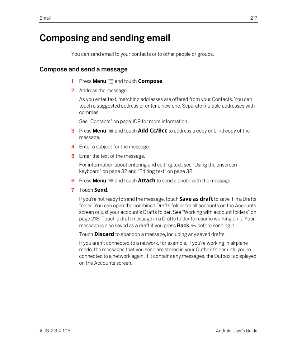 Composing and sending email, Compose and send a message, Composing and sending email 217 | Google ANDROID 2.3.4 User Manual | Page 217 / 384