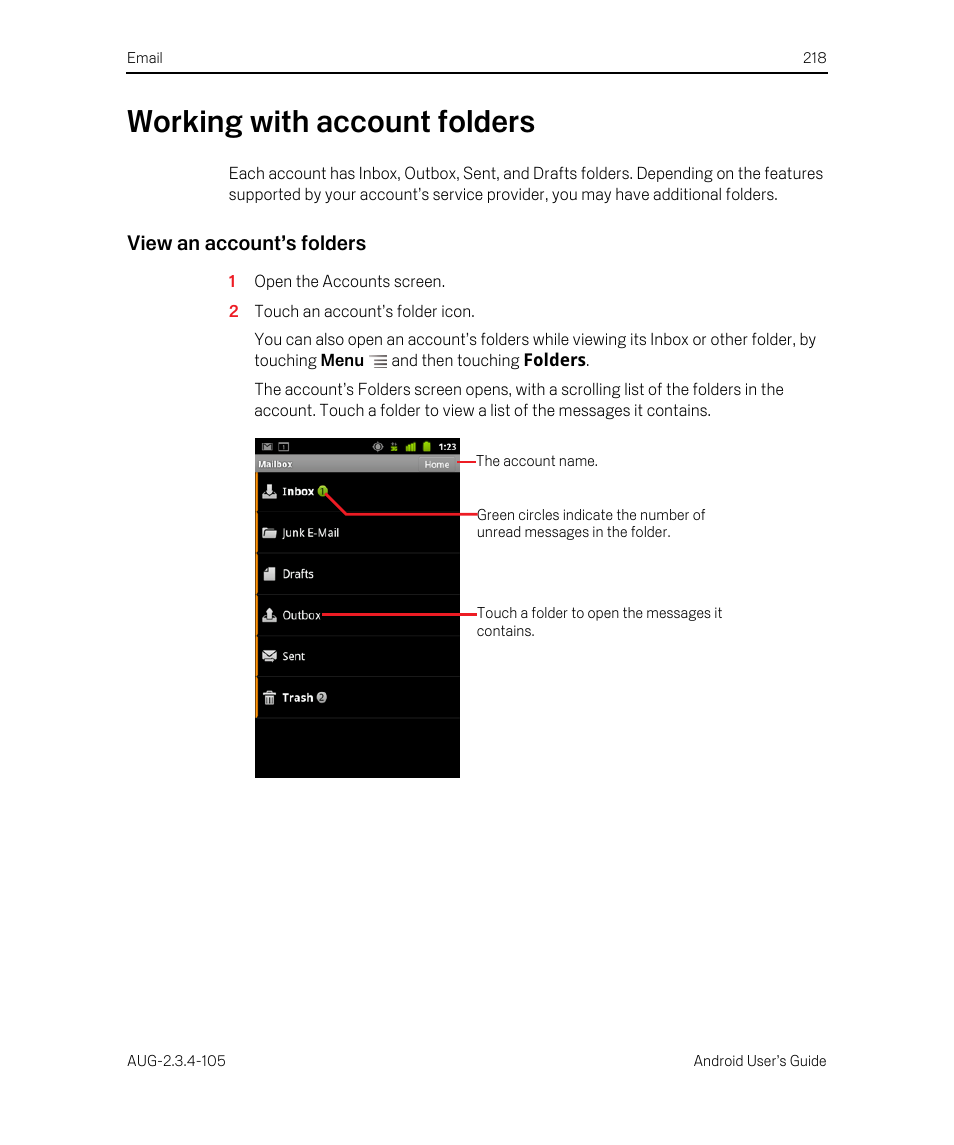 Working with account folders, View an account’s folders, Working with account folders 218 | Google ANDROID 2.3.4 User Manual | Page 218 / 384