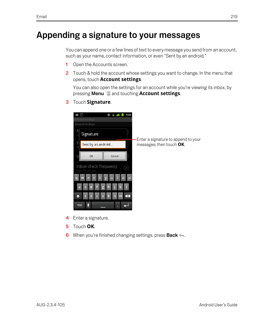 Appending a signature to your messages, Appending a signature to your messages 219 | Google ANDROID 2.3.4 User Manual | Page 219 / 384