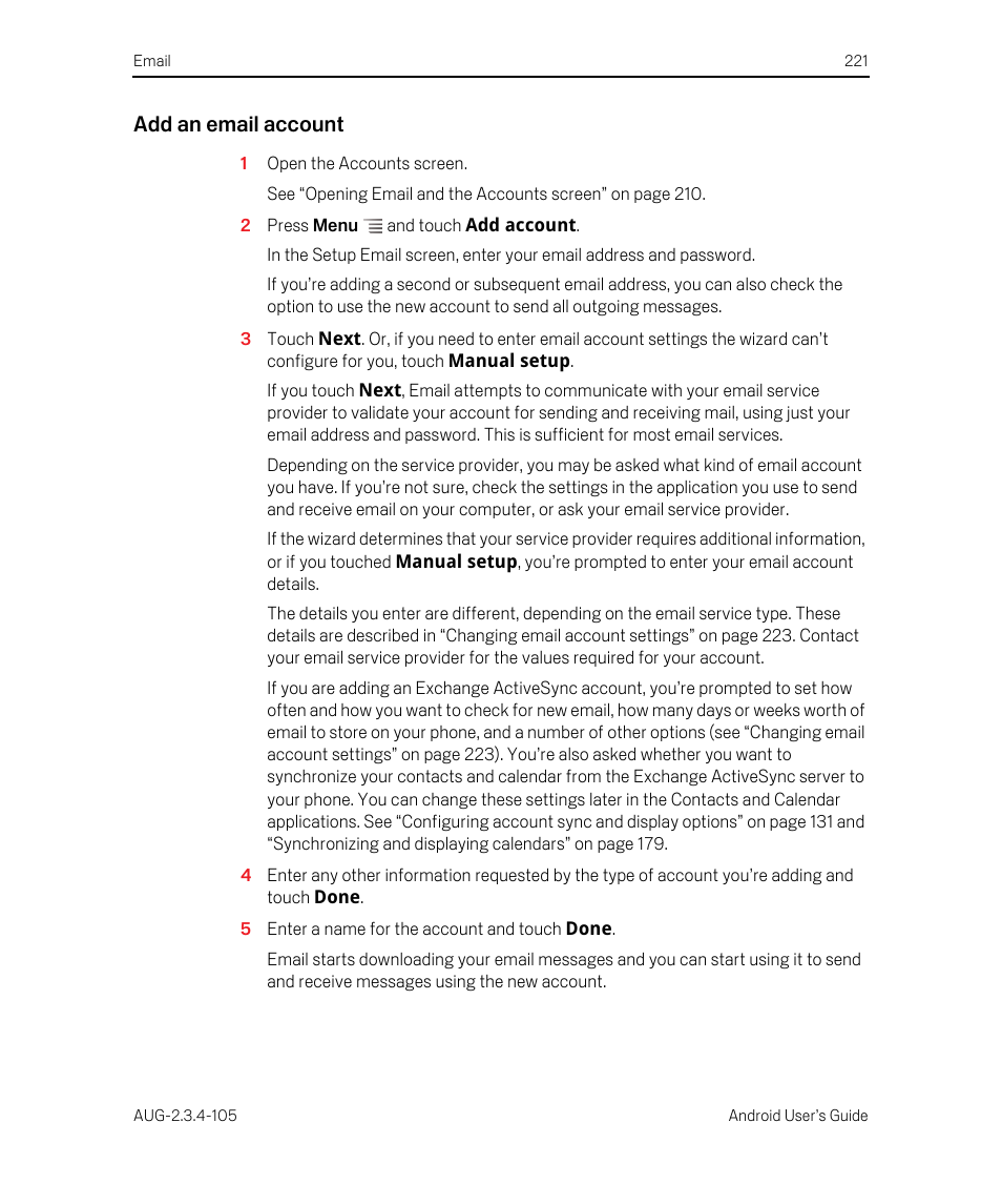 Add an email account | Google ANDROID 2.3.4 User Manual | Page 221 / 384