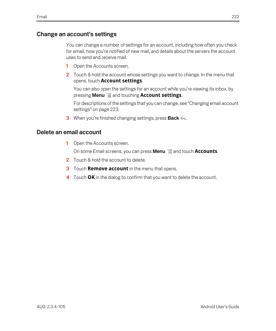 Change an account’s settings, Delete an email account | Google ANDROID 2.3.4 User Manual | Page 222 / 384