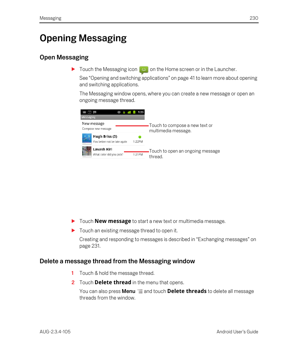 Opening messaging, Open messaging, Delete a message thread from the messaging window | Opening messaging 230 | Google ANDROID 2.3.4 User Manual | Page 230 / 384