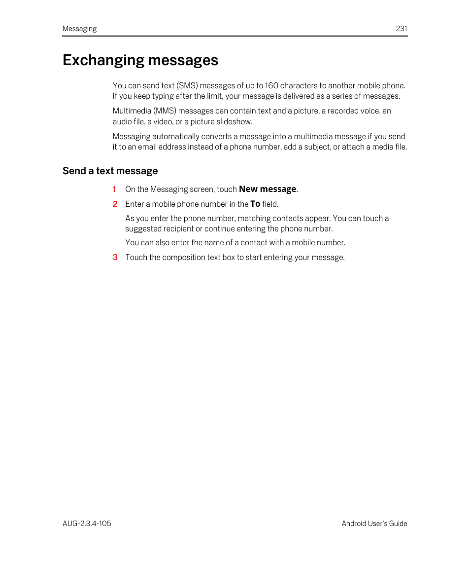 Exchanging messages, Send a text message, Exchanging messages 231 | Google ANDROID 2.3.4 User Manual | Page 231 / 384