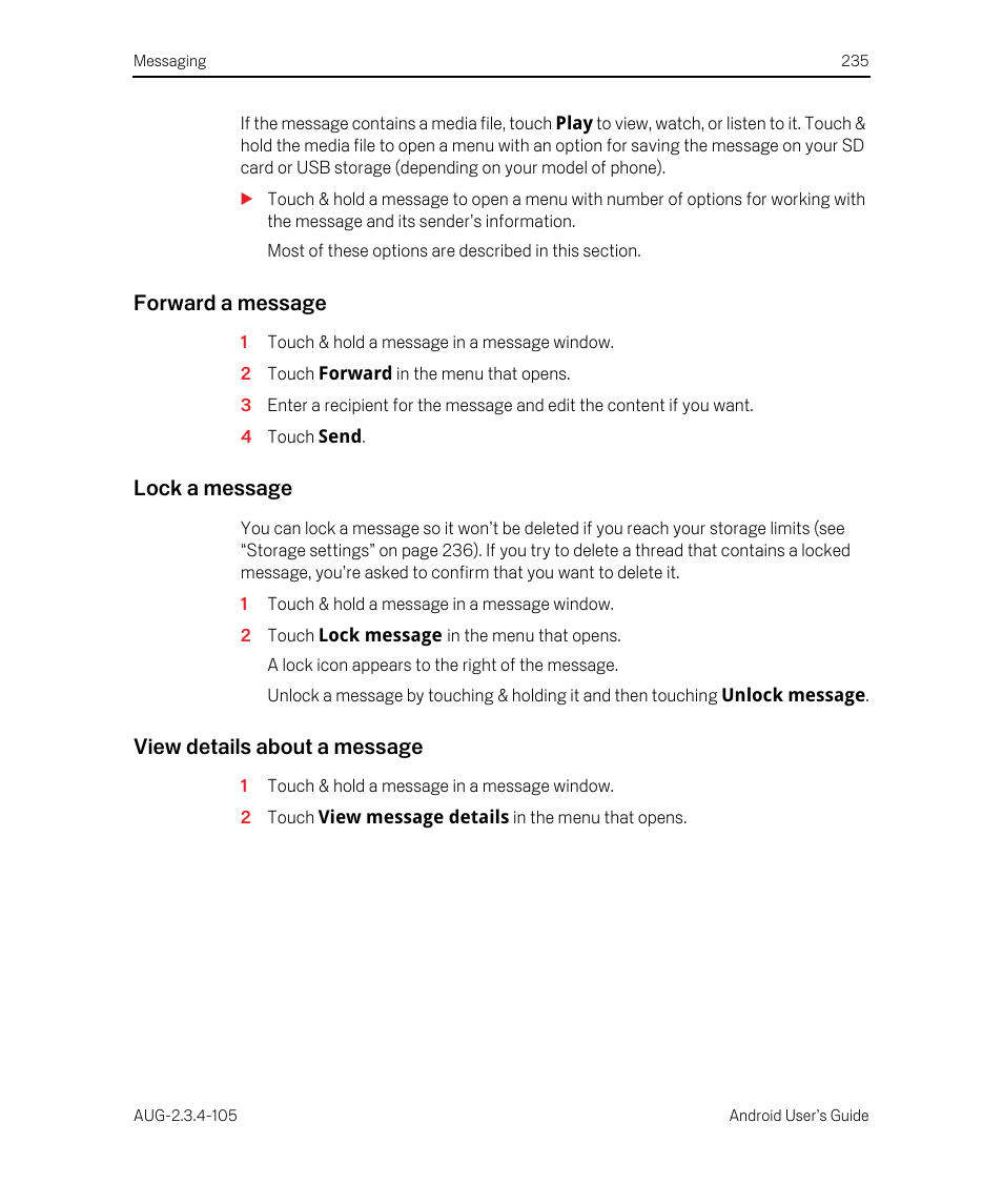 Forward a message, Lock a message, View details about a message | Google ANDROID 2.3.4 User Manual | Page 235 / 384