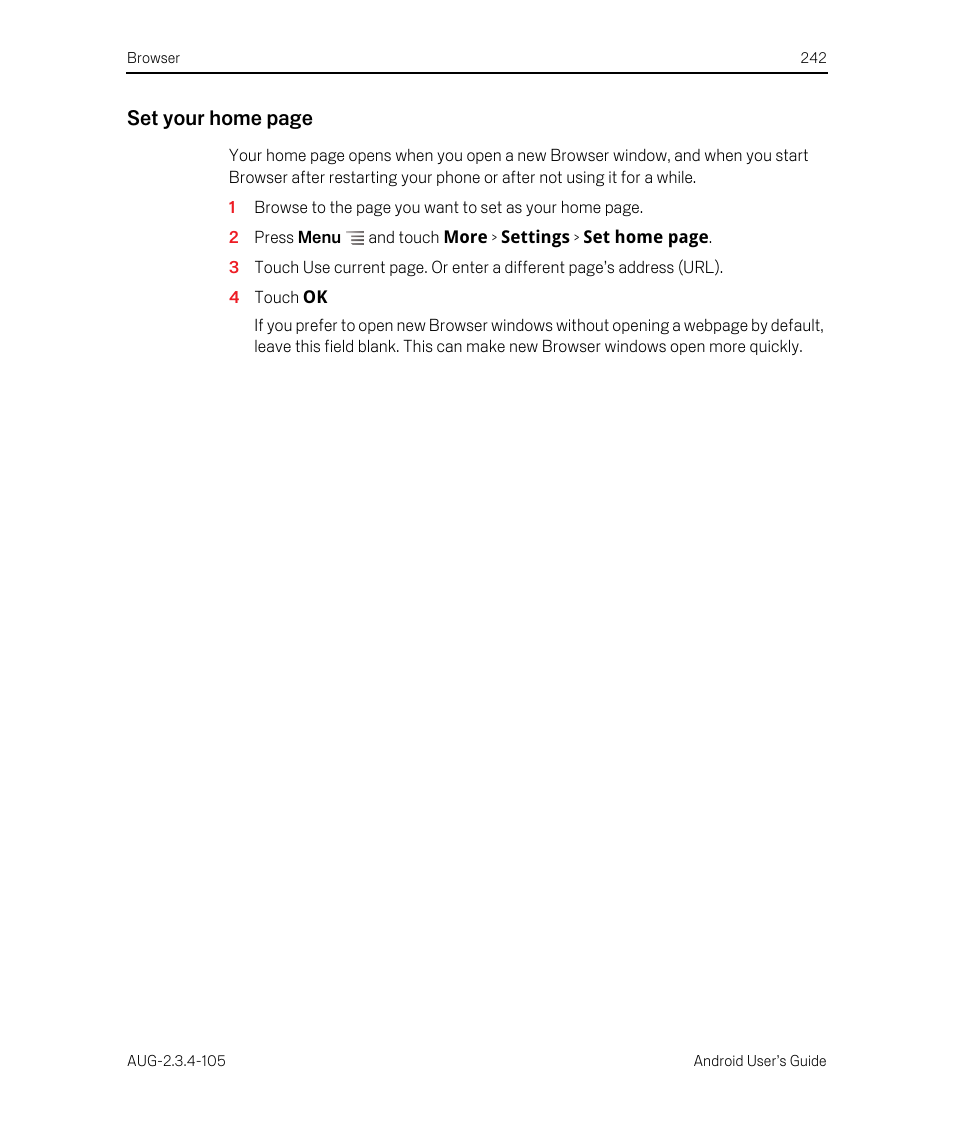 Set your home page | Google ANDROID 2.3.4 User Manual | Page 242 / 384