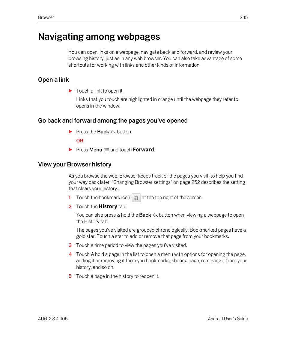 Open a link, View your browser history, Navigating among webpages | Go back and forward among the pages you’ve opened | Google ANDROID 2.3.4 User Manual | Page 245 / 384