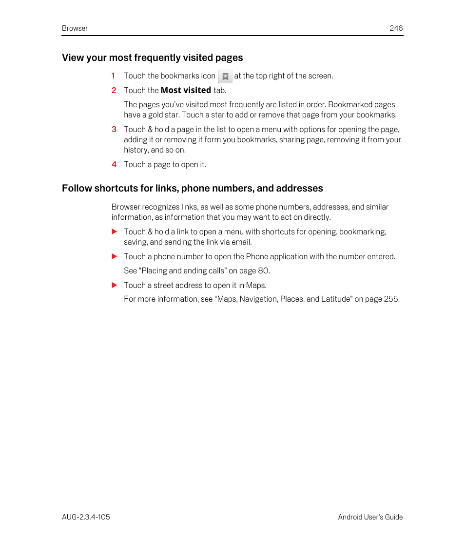 View your most frequently visited pages | Google ANDROID 2.3.4 User Manual | Page 246 / 384