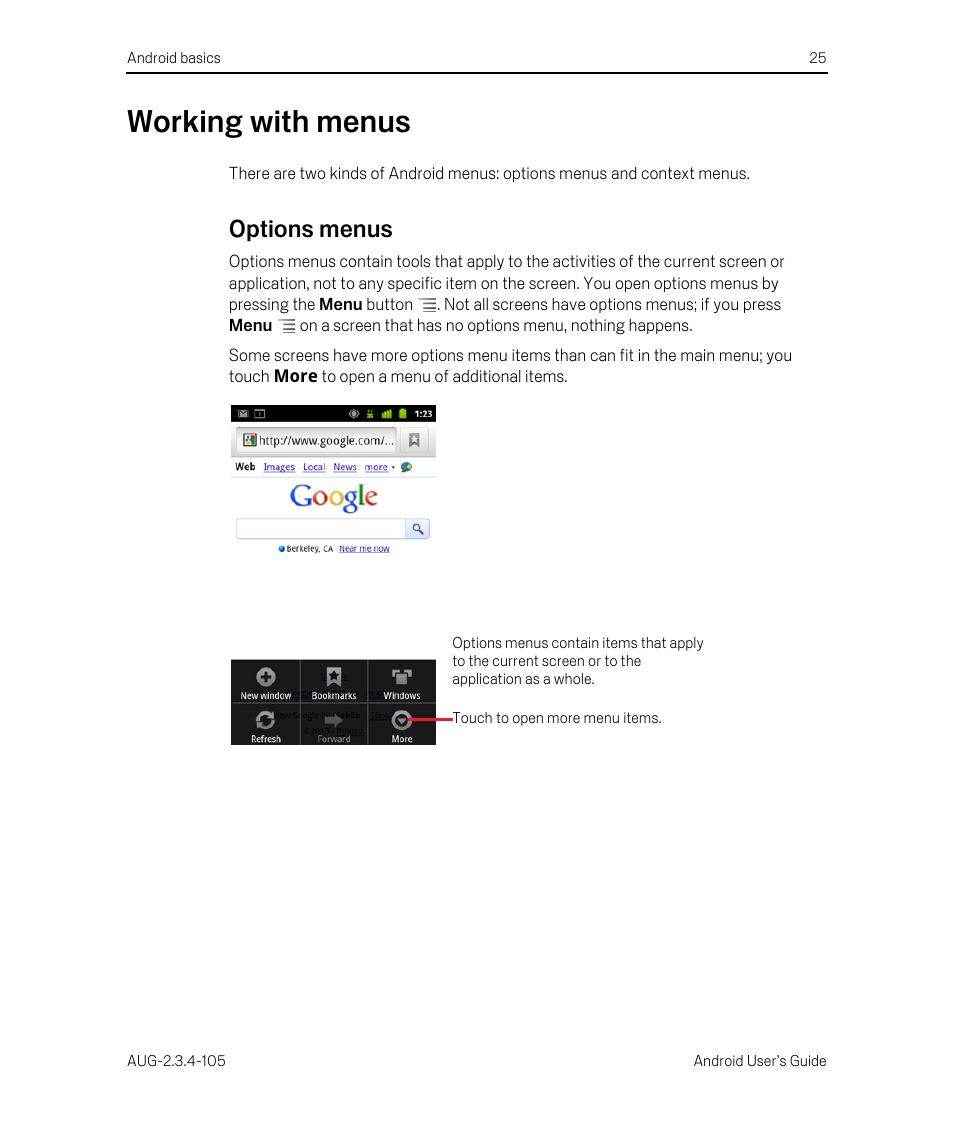 Working with menus, Options menus, Working with menus 25 | Options menus 25 | Google ANDROID 2.3.4 User Manual | Page 25 / 384