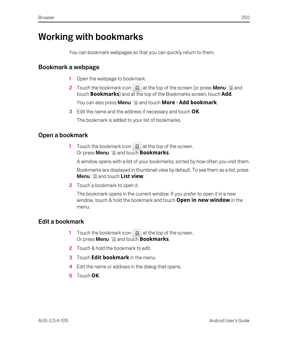 Working with bookmarks, Open a bookmark, Edit a bookmark | Working with bookmarks 250, Bookmark a webpage | Google ANDROID 2.3.4 User Manual | Page 250 / 384