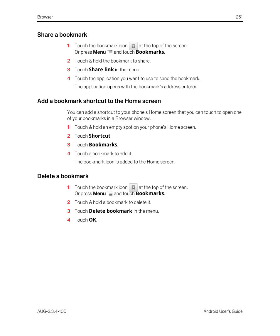 Share a bookmark, Add a bookmark shortcut to the home screen, Delete a bookmark | Google ANDROID 2.3.4 User Manual | Page 251 / 384