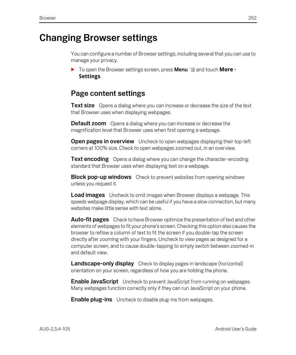 Changing browser settings, Text size, Default zoom | Text encoding, Block pop-up windows, Load images, Landscape-only display, Enable javascript, Enable plug-ins, Changing browser settings 252 | Google ANDROID 2.3.4 User Manual | Page 252 / 384