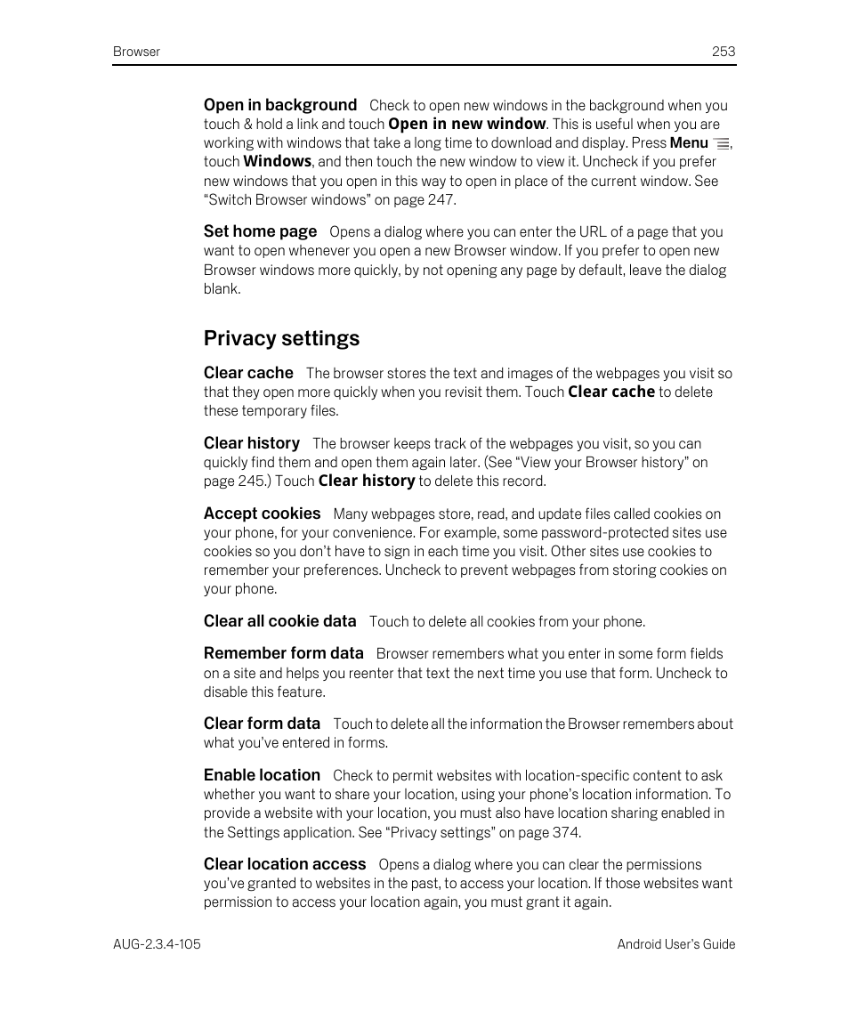 Open in background, Privacy settings, Clear cache | Clear history, Accept cookies, Clear all cookie data, Remember form data, Clear form data, Enable location, Clear location access | Google ANDROID 2.3.4 User Manual | Page 253 / 384