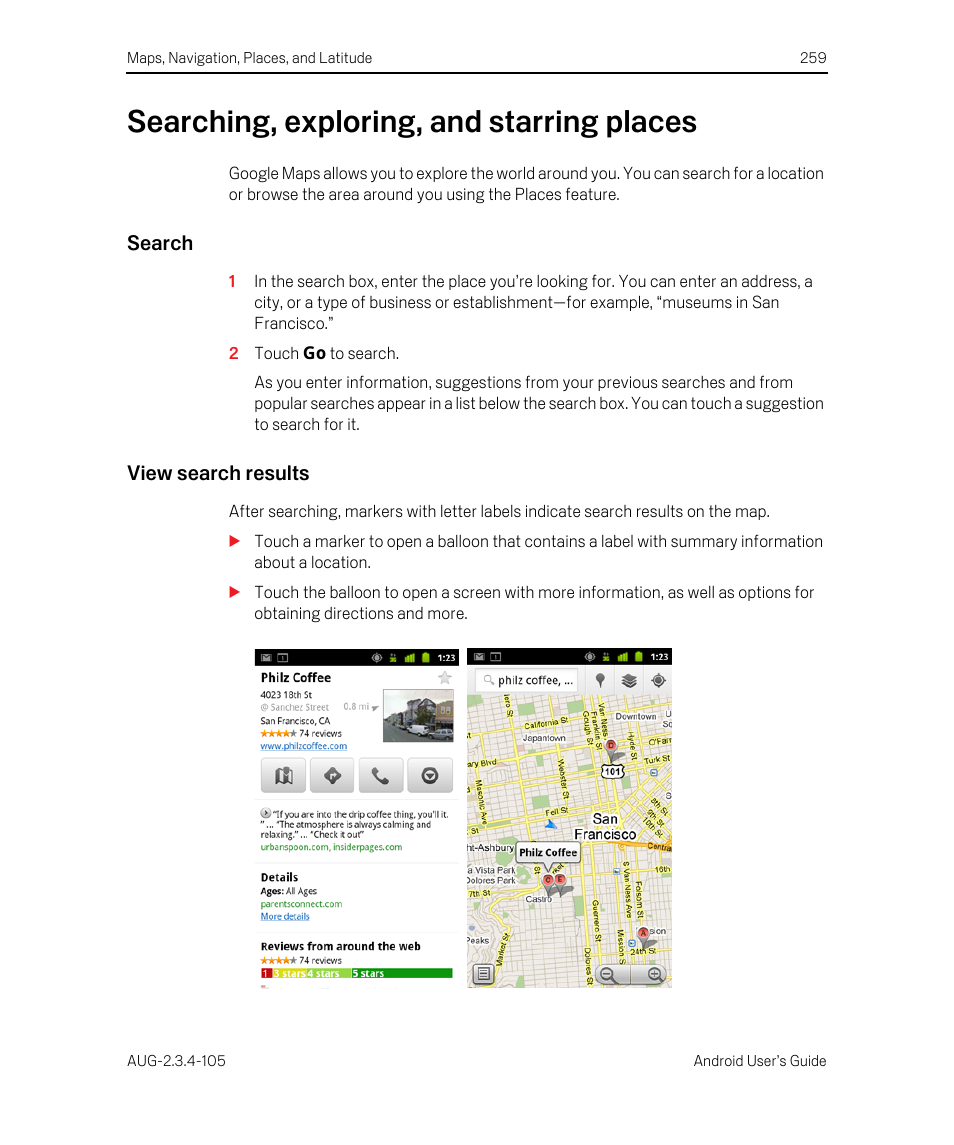 Searching, exploring, and starring places, Search, View search results | Searching, exploring, and starring places 259 | Google ANDROID 2.3.4 User Manual | Page 259 / 384