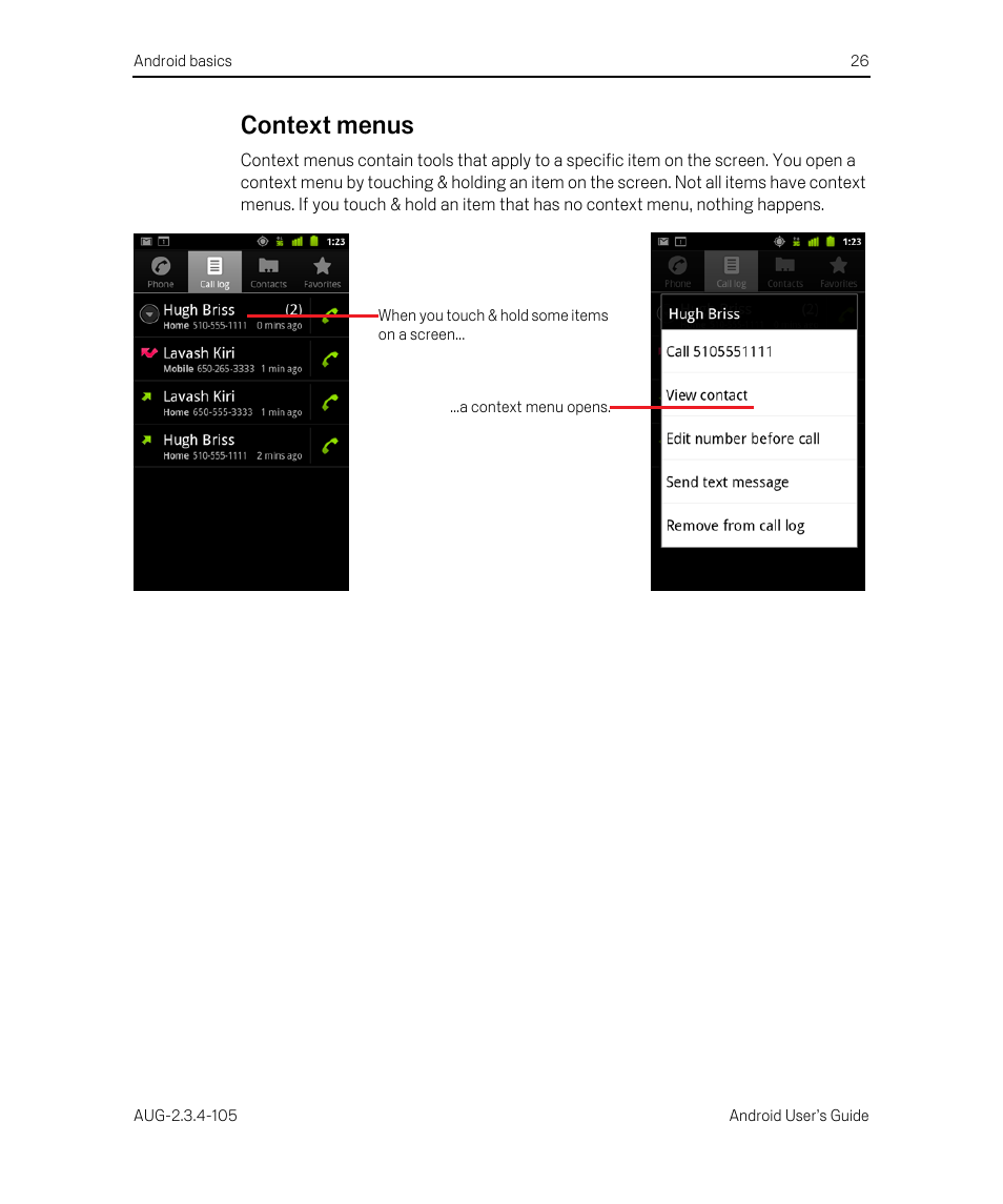 Context menus, Context menus 26 | Google ANDROID 2.3.4 User Manual | Page 26 / 384