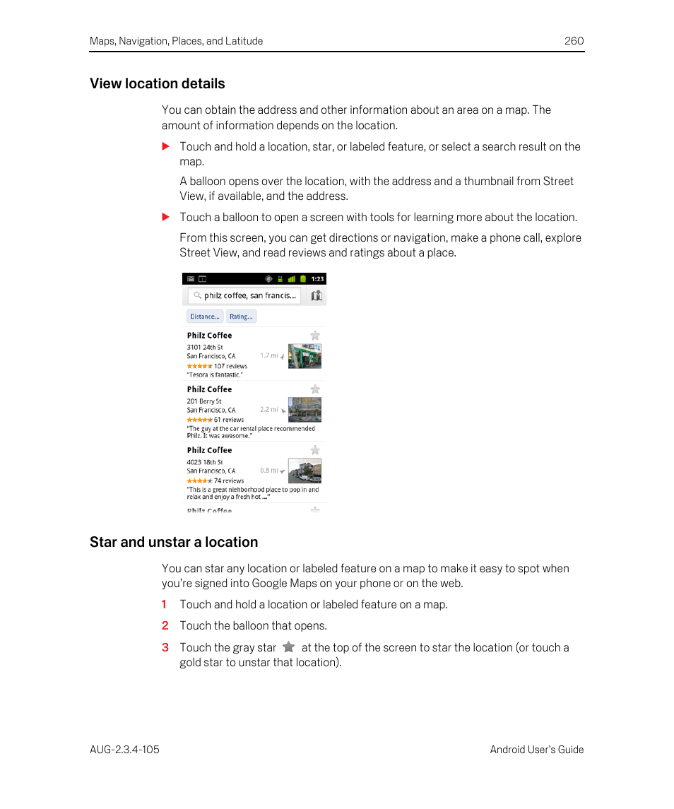 View location details, Star and unstar a location | Google ANDROID 2.3.4 User Manual | Page 260 / 384