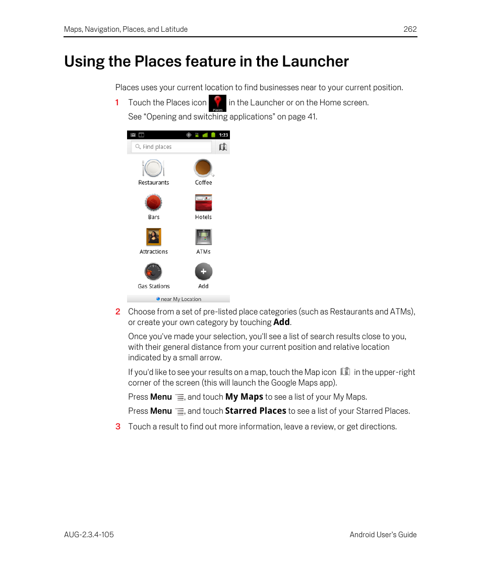 Using the places feature in the launcher, Using the places feature in the launcher 262 | Google ANDROID 2.3.4 User Manual | Page 262 / 384