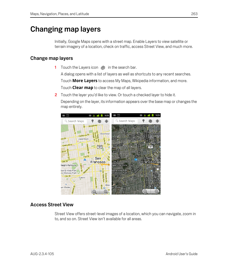 Changing map layers, Change map layers, Access street view | Changing map layers 263 | Google ANDROID 2.3.4 User Manual | Page 263 / 384