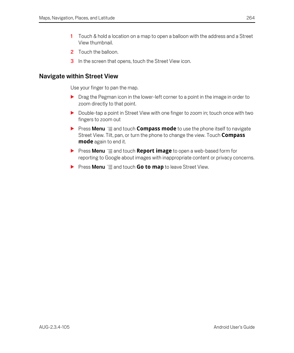 Navigate within street view | Google ANDROID 2.3.4 User Manual | Page 264 / 384