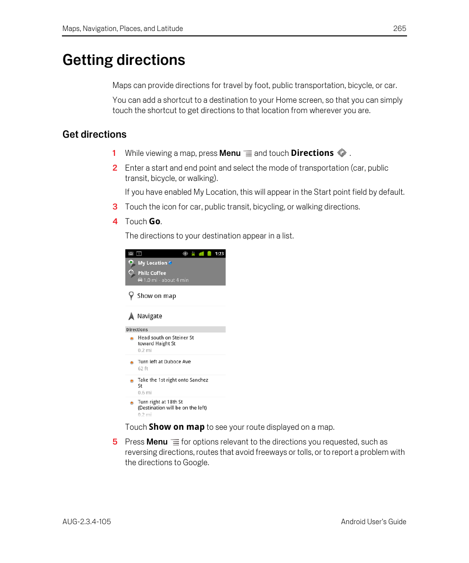 Getting directions, Get directions, Getting directions 265 | Google ANDROID 2.3.4 User Manual | Page 265 / 384