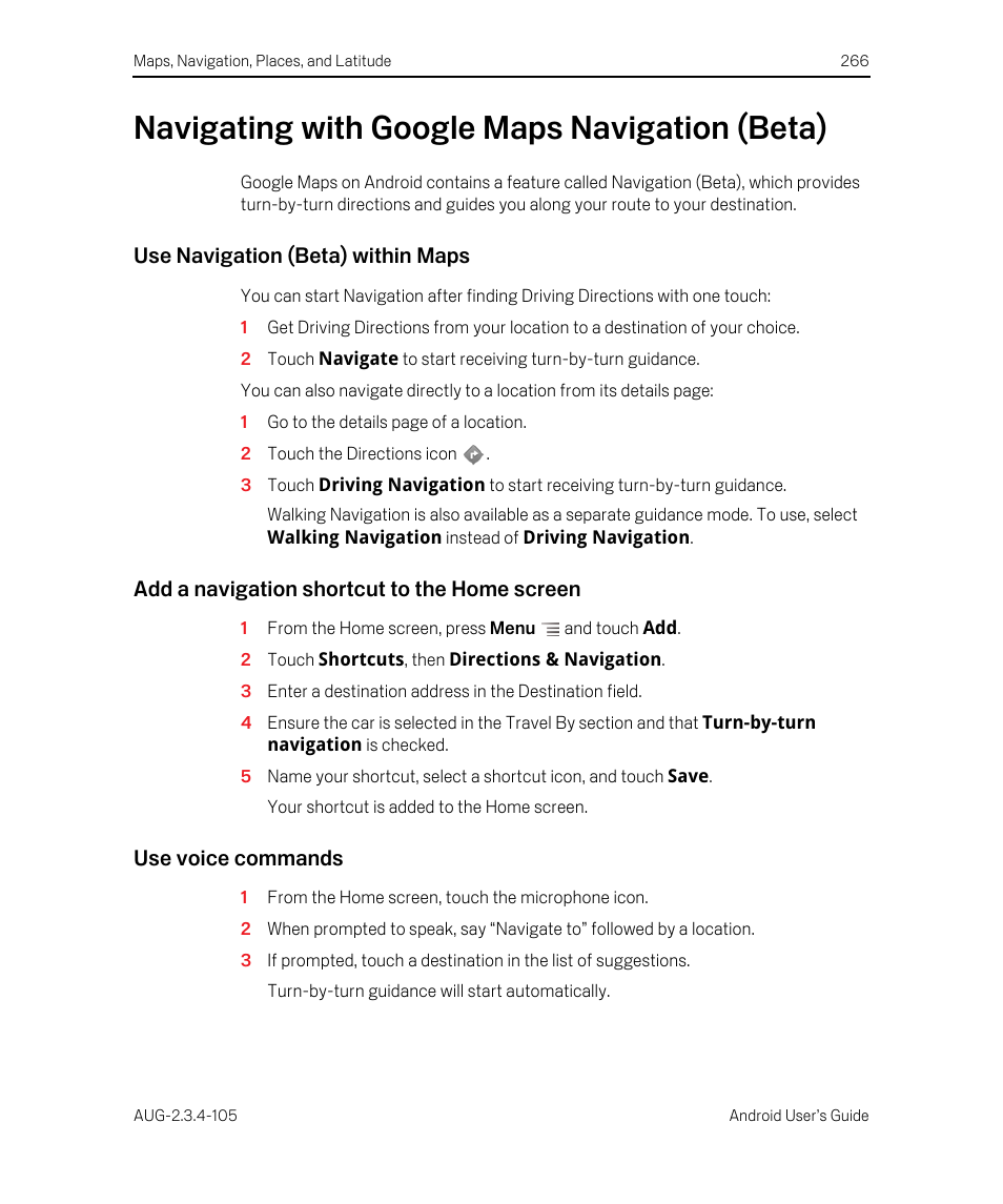 Navigating with google maps navigation (beta), Use navigation (beta) within maps, Add a navigation shortcut to the home screen | Use voice commands, Navigating with google maps navigation (beta) 266 | Google ANDROID 2.3.4 User Manual | Page 266 / 384