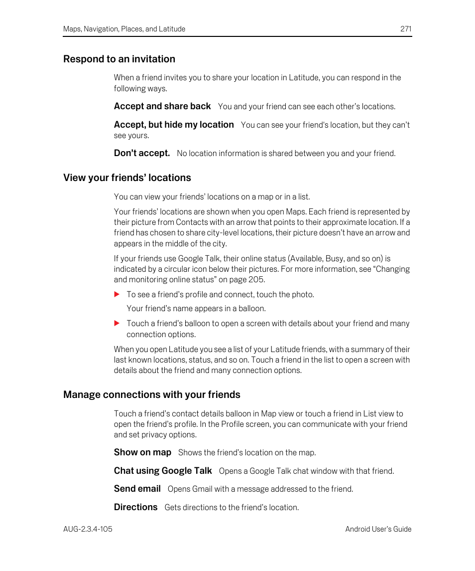 Respond to an invitation, Accept and share back, Accept, but hide my location | Don’t accept, View your friends’ locations, Manage connections with your friends, Show on map, Chat using google talk, Send email, Directions | Google ANDROID 2.3.4 User Manual | Page 271 / 384