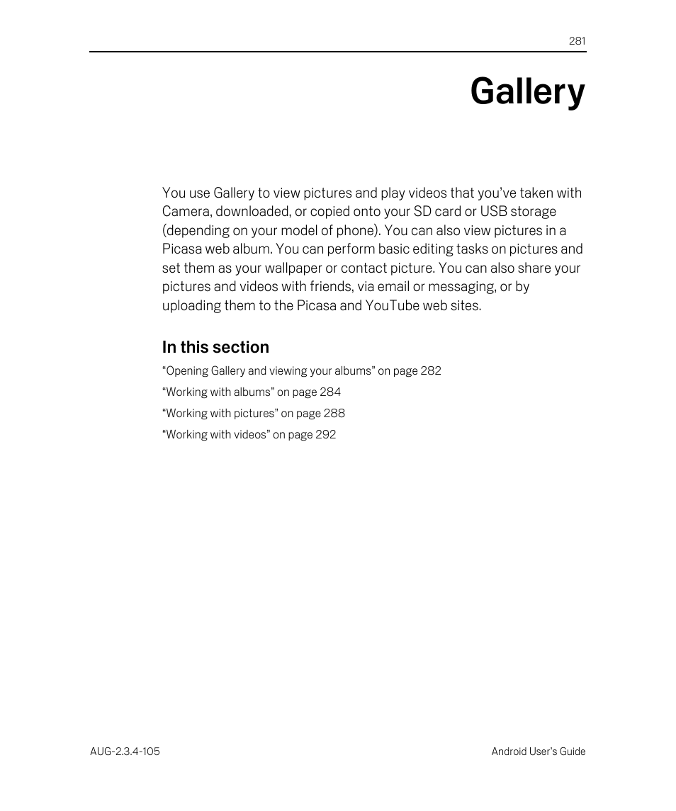 Gallery, Gallery 281 | Google ANDROID 2.3.4 User Manual | Page 281 / 384