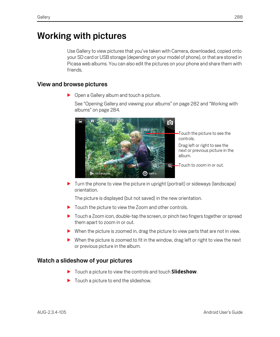 Working with pictures, View and browse pictures, Watch a slideshow of your pictures | Working with pictures 288 | Google ANDROID 2.3.4 User Manual | Page 288 / 384