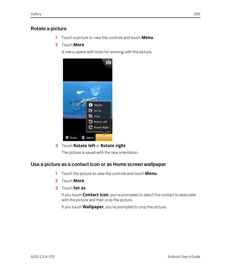 Rotate a picture | Google ANDROID 2.3.4 User Manual | Page 289 / 384