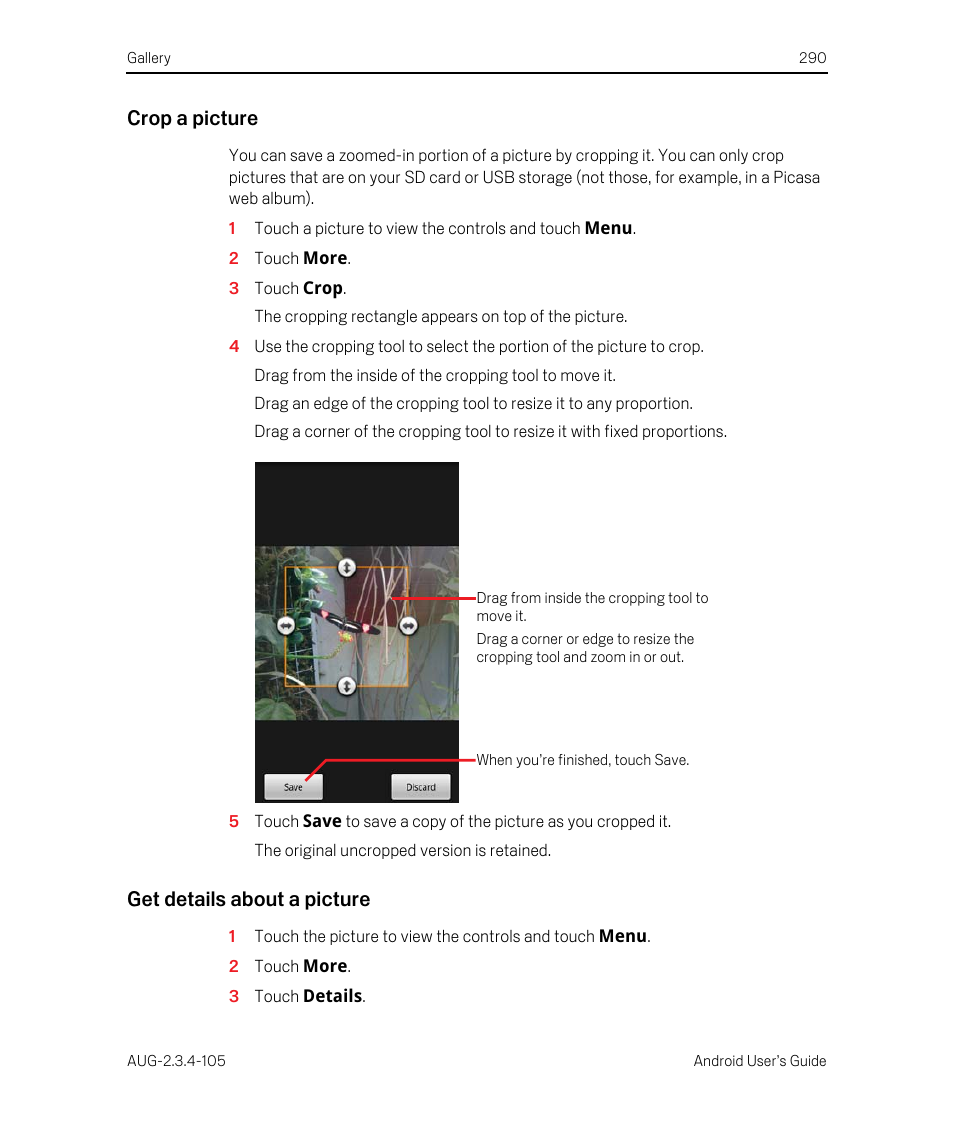 Crop a picture, Get details about a picture | Google ANDROID 2.3.4 User Manual | Page 290 / 384