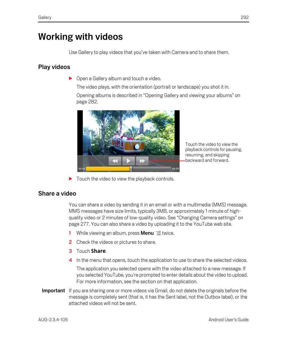 Working with videos, Play videos, Share a video | Working with videos 292 | Google ANDROID 2.3.4 User Manual | Page 292 / 384