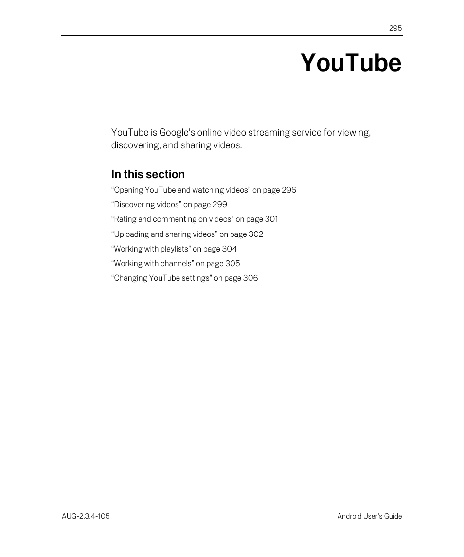 Youtube, Youtube 295 | Google ANDROID 2.3.4 User Manual | Page 295 / 384