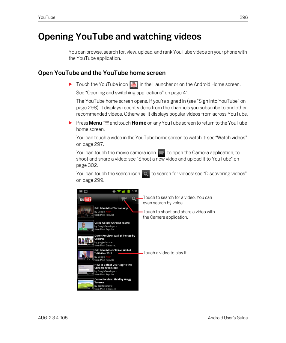 Opening youtube and watching videos, Open youtube and the youtube home screen, Opening youtube and watching videos 296 | Google ANDROID 2.3.4 User Manual | Page 296 / 384