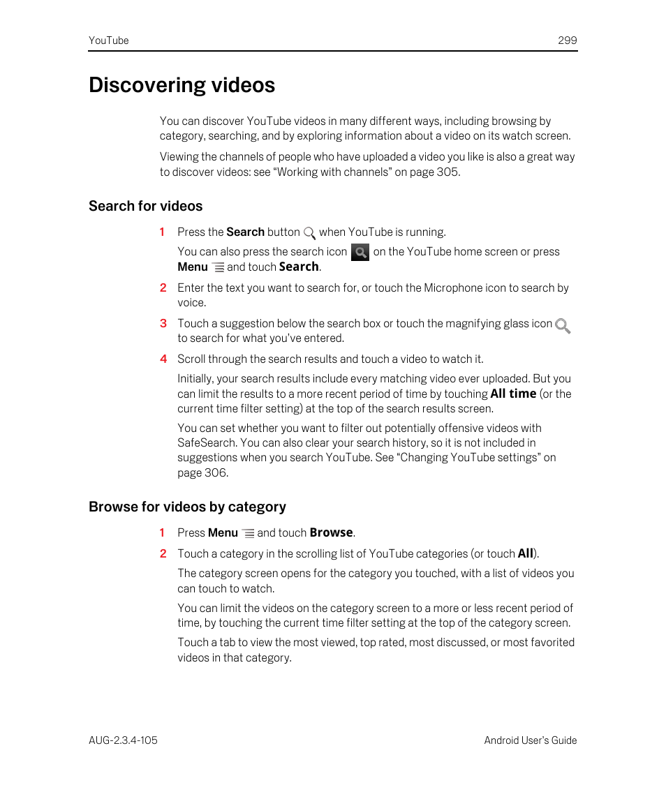 Discovering videos, Search for videos, Browse for videos by category | Discovering videos 299, To search for videos: see “discovering videos | Google ANDROID 2.3.4 User Manual | Page 299 / 384