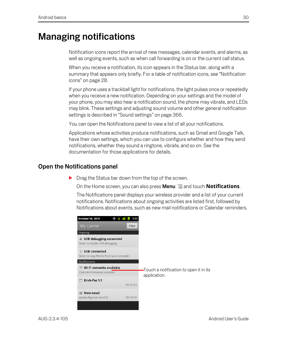 Managing notifications, Open the notifications panel, Managing notifications 30 | Google ANDROID 2.3.4 User Manual | Page 30 / 384