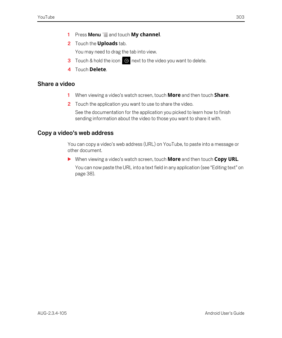 Share a video, Copy a video’s web address | Google ANDROID 2.3.4 User Manual | Page 303 / 384