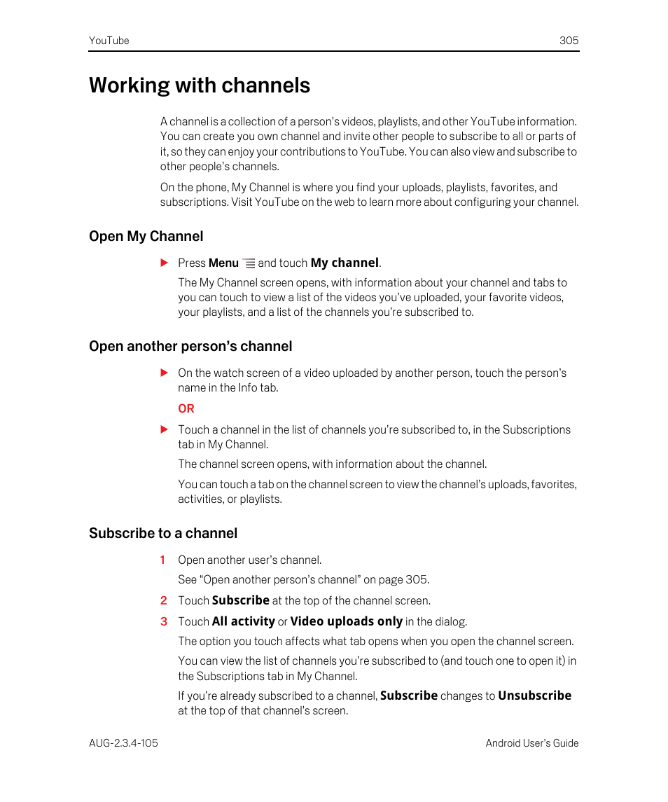 Working with channels, Open my channel, Open another person’s channel | Subscribe to a channel, Working with channels 305 | Google ANDROID 2.3.4 User Manual | Page 305 / 384