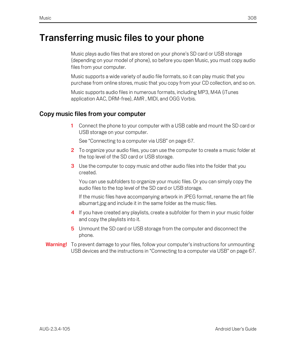 Transferring music files to your phone, Copy music files from your computer, Transferring music files to your phone 308 | Google ANDROID 2.3.4 User Manual | Page 308 / 384