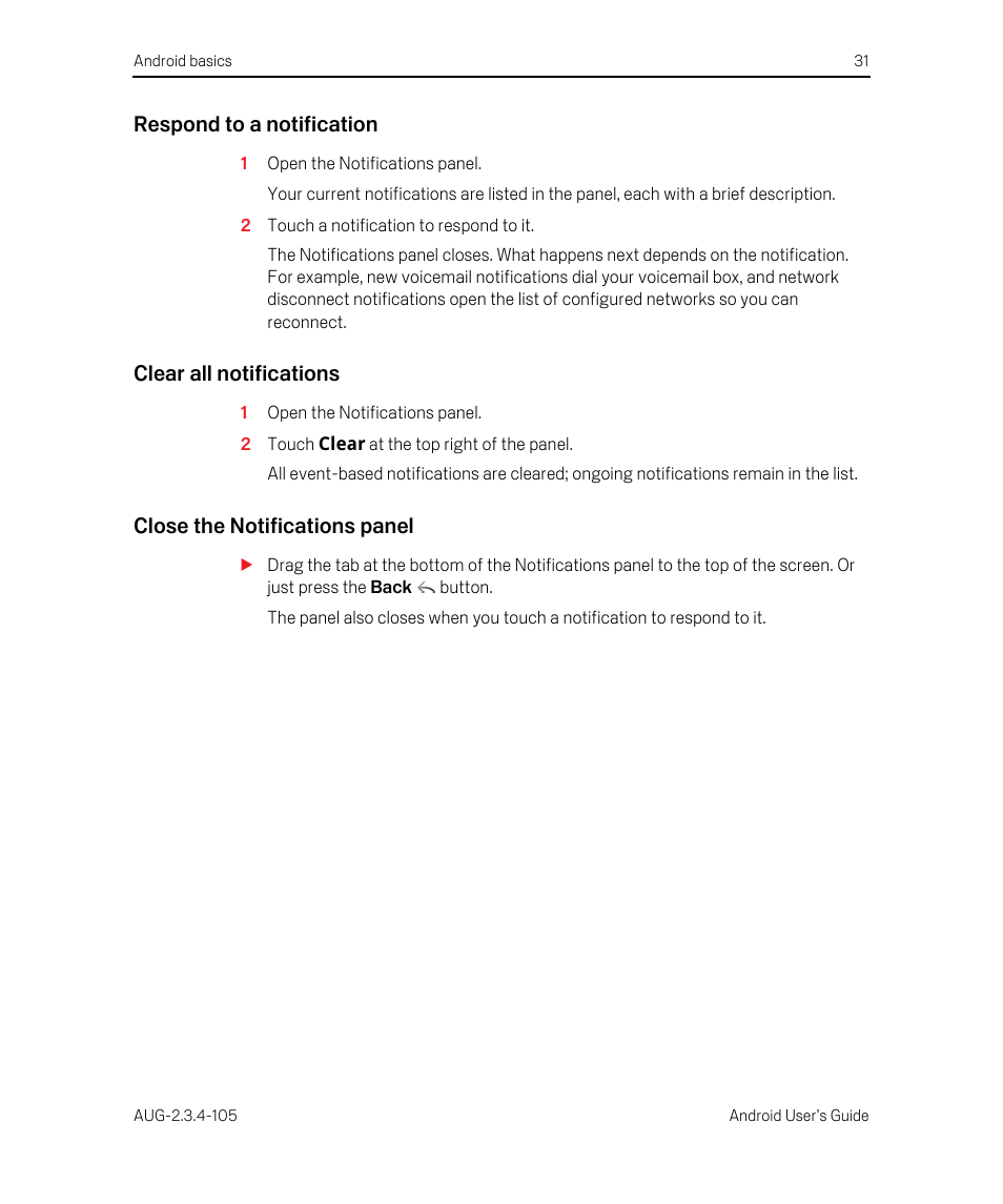 Respond to a notification, Clear all notifications, Close the notifications panel | Google ANDROID 2.3.4 User Manual | Page 31 / 384