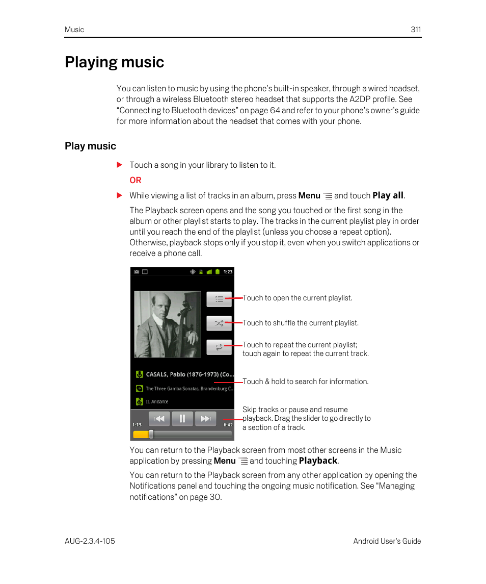 Playing music, Play music, Playing music 311 | Google ANDROID 2.3.4 User Manual | Page 311 / 384