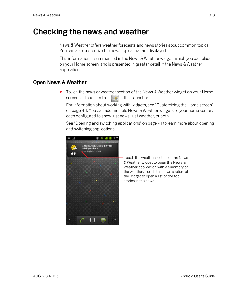 Checking the news and weather, Open news & weather, Checking the news and weather 318 | Google ANDROID 2.3.4 User Manual | Page 318 / 384