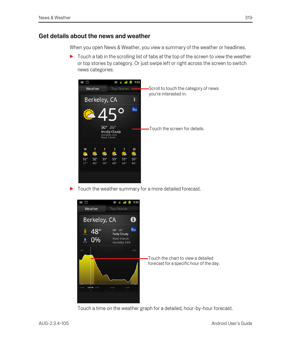 Get details about the news and weather | Google ANDROID 2.3.4 User Manual | Page 319 / 384