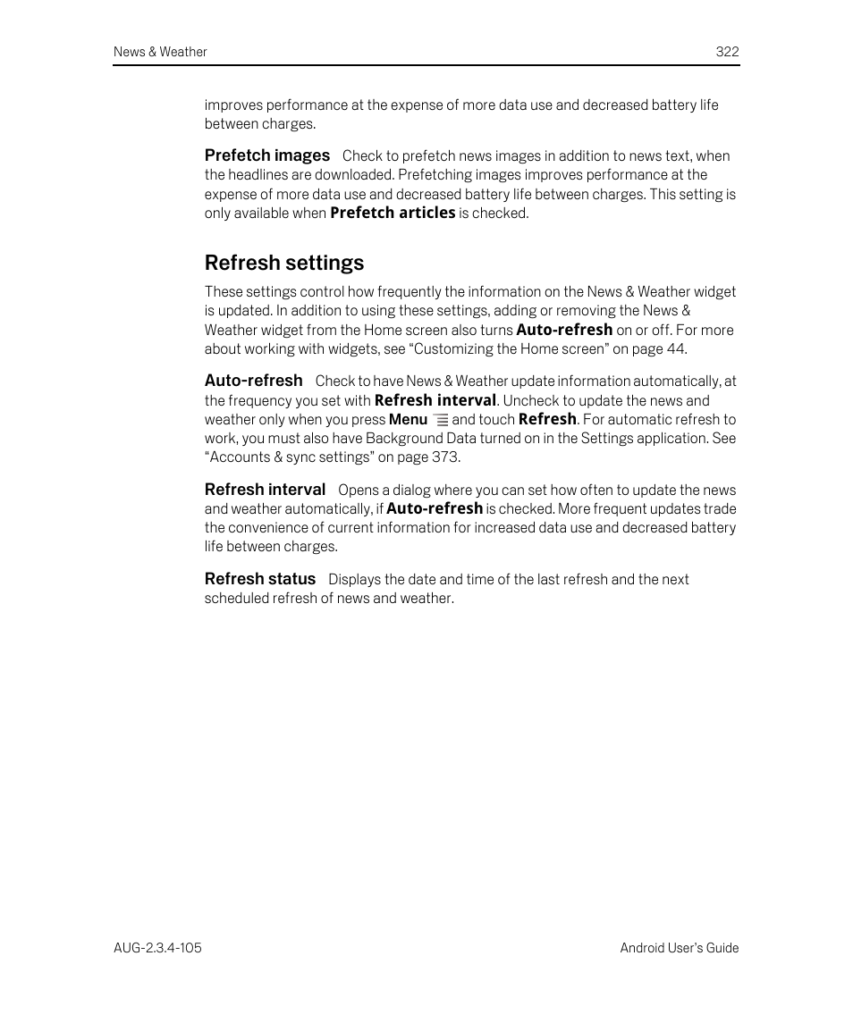 Prefetch images, Refresh settings, Auto-refresh | Refresh interval, Refresh status, Refresh settings 322 | Google ANDROID 2.3.4 User Manual | Page 322 / 384