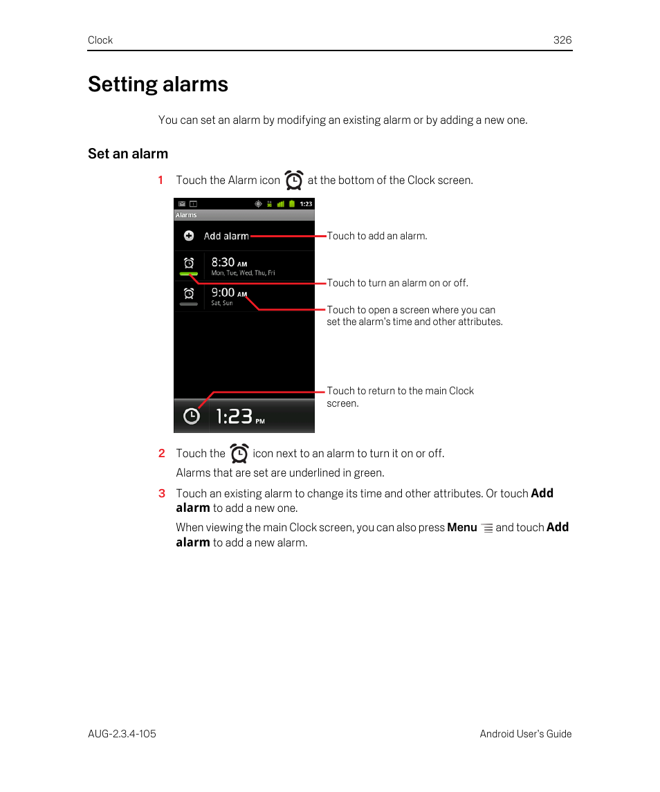 Setting alarms, Set an alarm, Setting alarms 326 | Google ANDROID 2.3.4 User Manual | Page 326 / 384