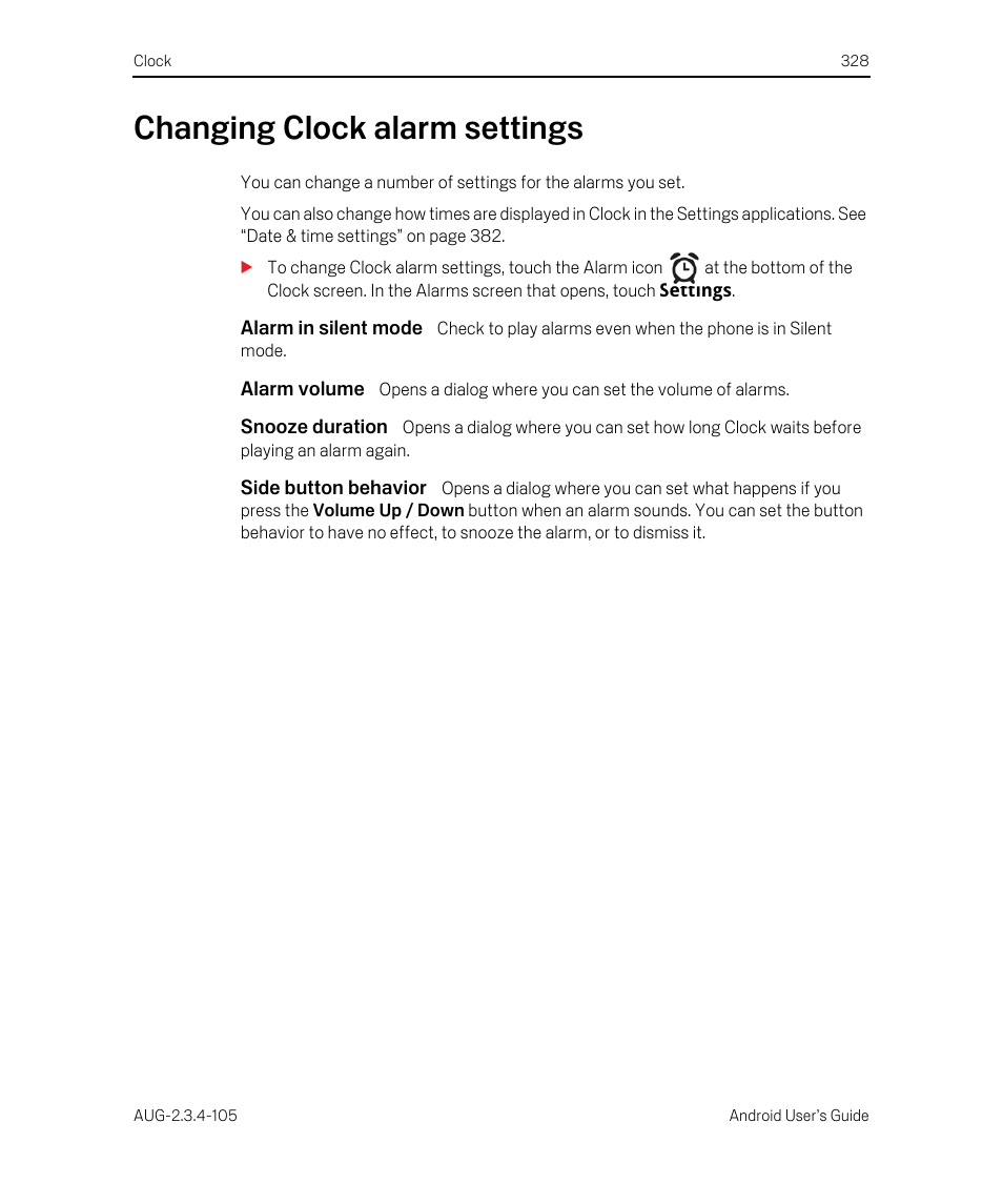 Changing clock alarm settings, Alarm in silent mode, Alarm volume | Snooze duration, Side button behavior, Changing clock alarm settings 328 | Google ANDROID 2.3.4 User Manual | Page 328 / 384