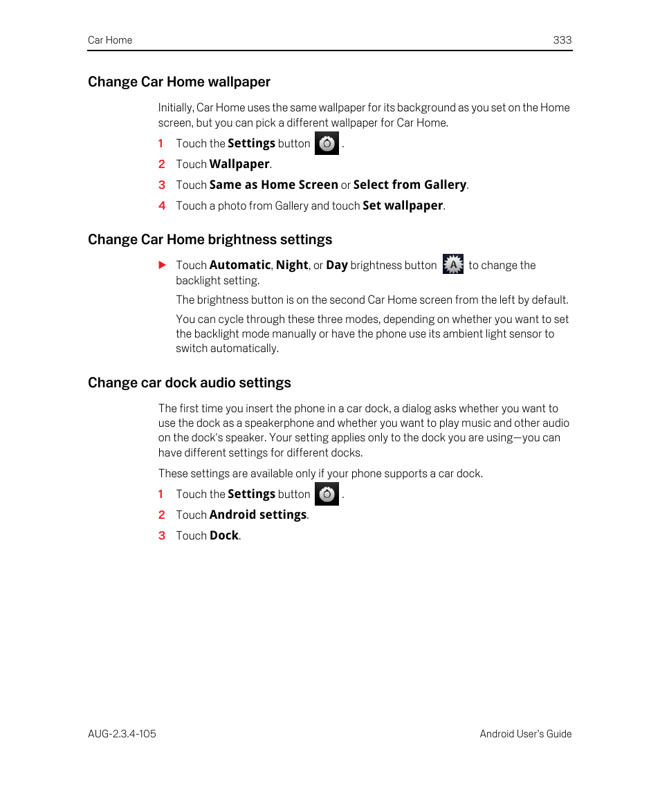 Change car home wallpaper, Change car home brightness settings, Change car dock audio settings | Google ANDROID 2.3.4 User Manual | Page 333 / 384