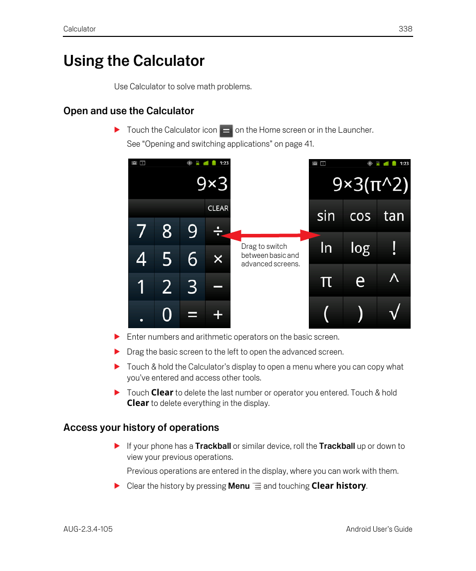 Using the calculator, Open and use the calculator, Access your history of operations | Using the calculator 338 | Google ANDROID 2.3.4 User Manual | Page 338 / 384